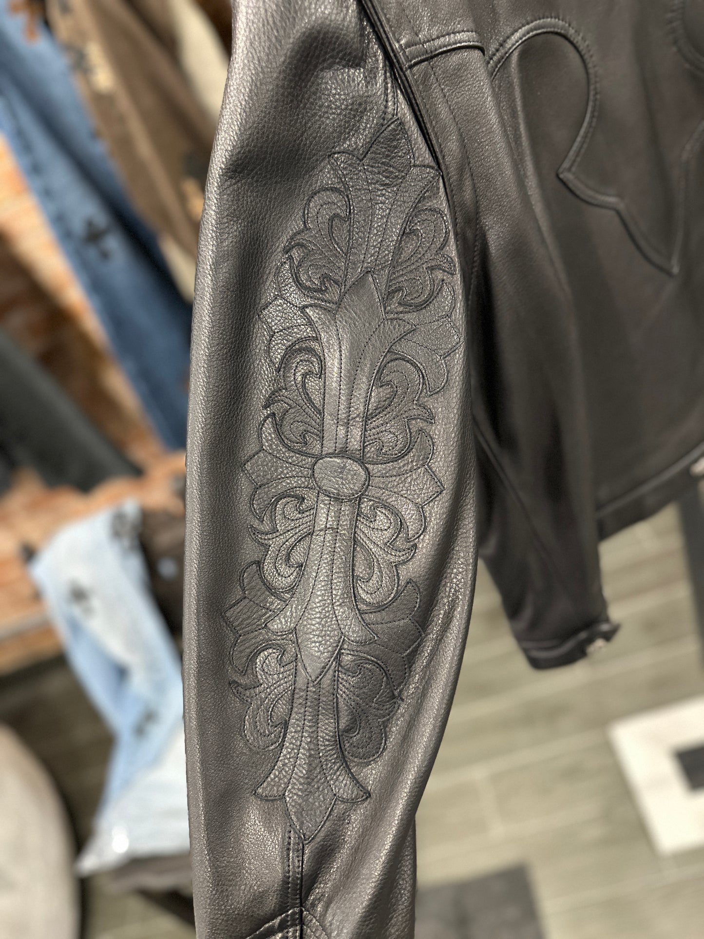 ($17,000) Chrome Hearts Western leather trucker jacket sz L