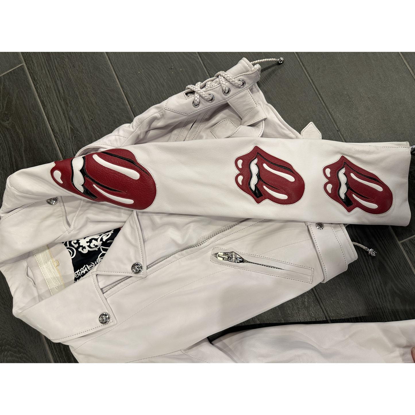 ($20,000) Chrome Hearts Rolling Stones Leather Jacket White - Detail