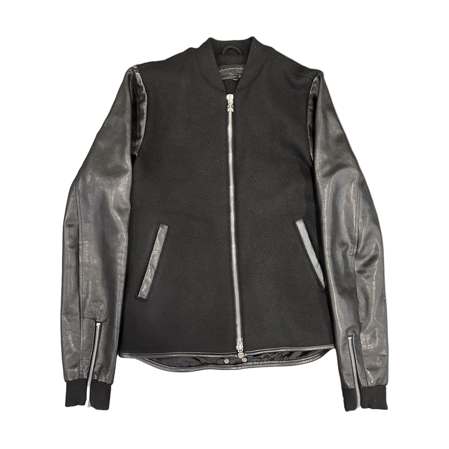 Chrome Hearts Vintage Leather Sleeve Bomber Jacket Black - Front